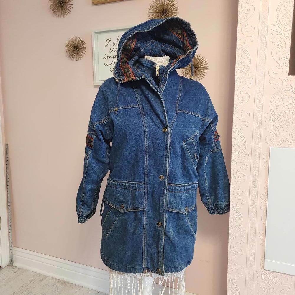 EUC Current Seen Denim Jean jacket long super warm flannel inside heavier L 14